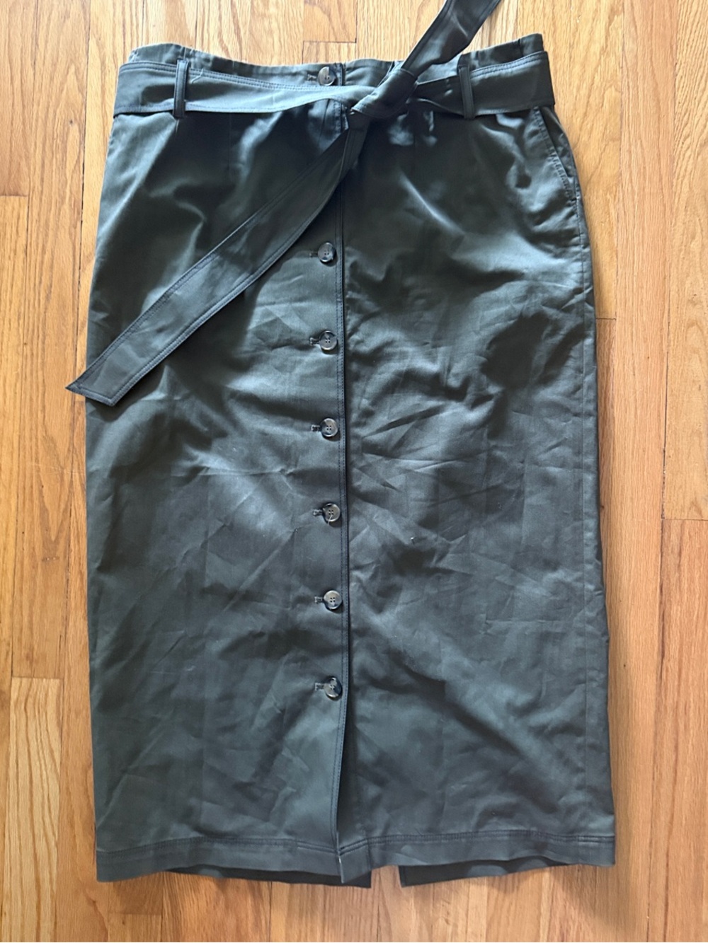 Boden sz 12 Olive Button-Front lined Midi Skirt with Waist Tie like new cond